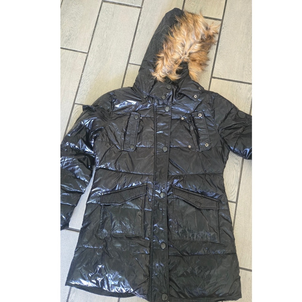 Celsius Premium Black Puffer Parka Faux Fur Hood Glossy Quilted Winter Coat XL